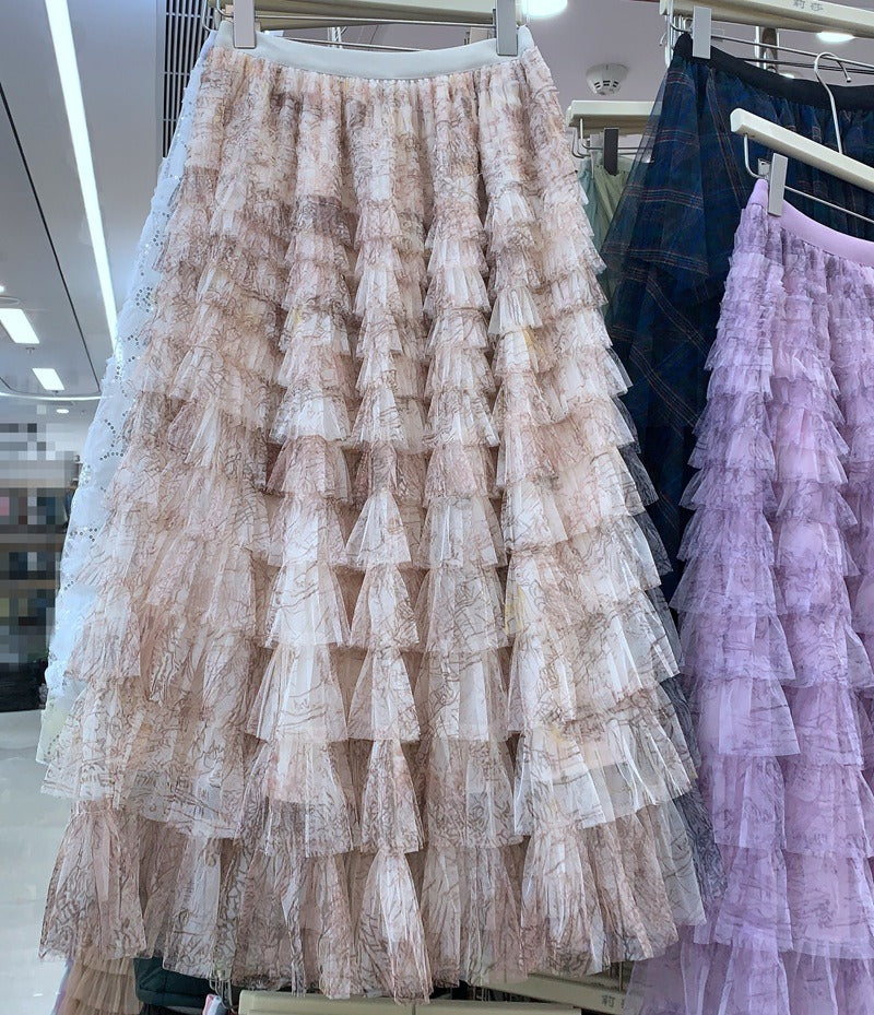 Naury Tie Dye Ruffle Skirt-Beige