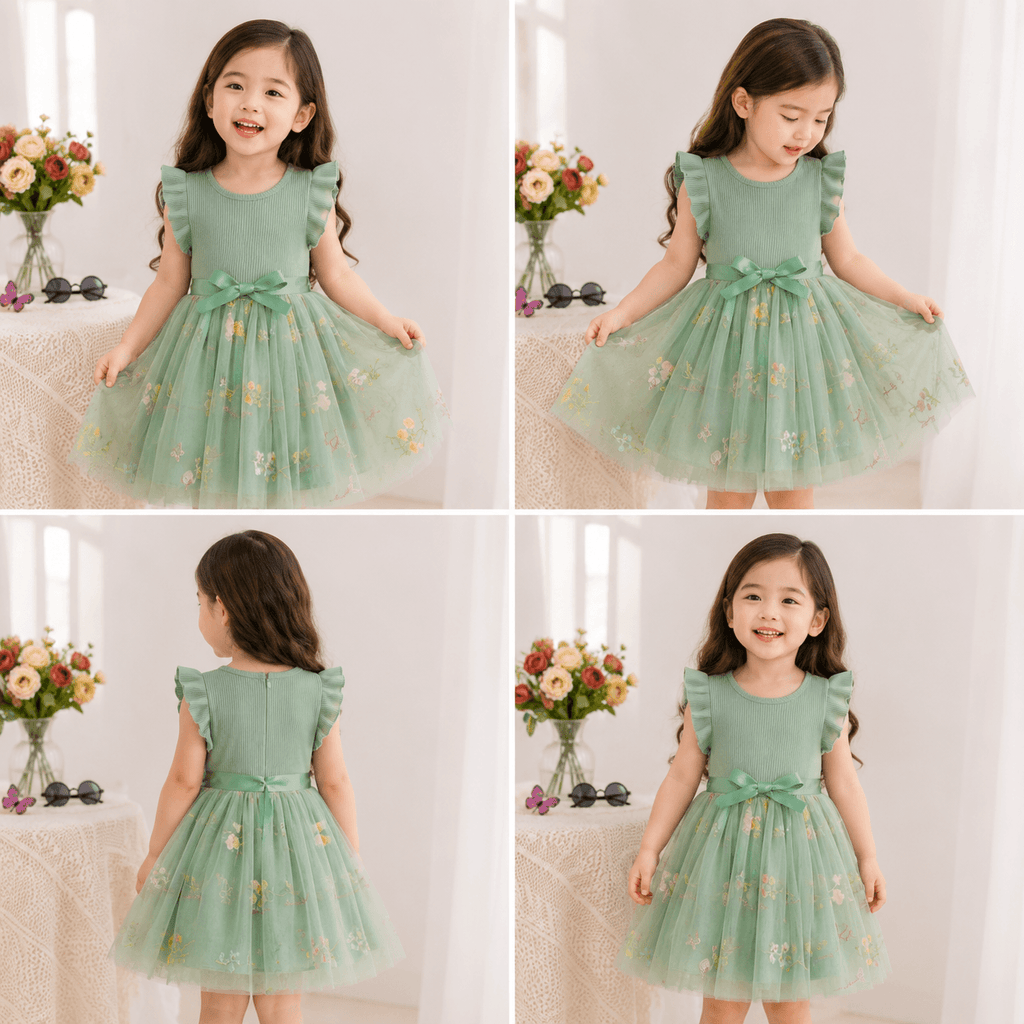 Flower Series Semi Party Dress - Green