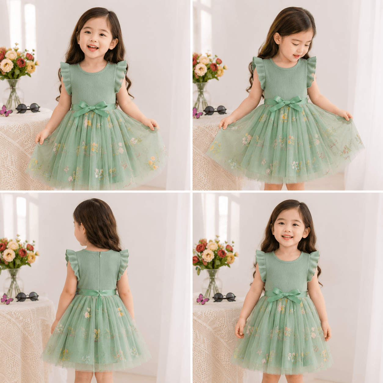 Flower Series Semi Party Dress - Green