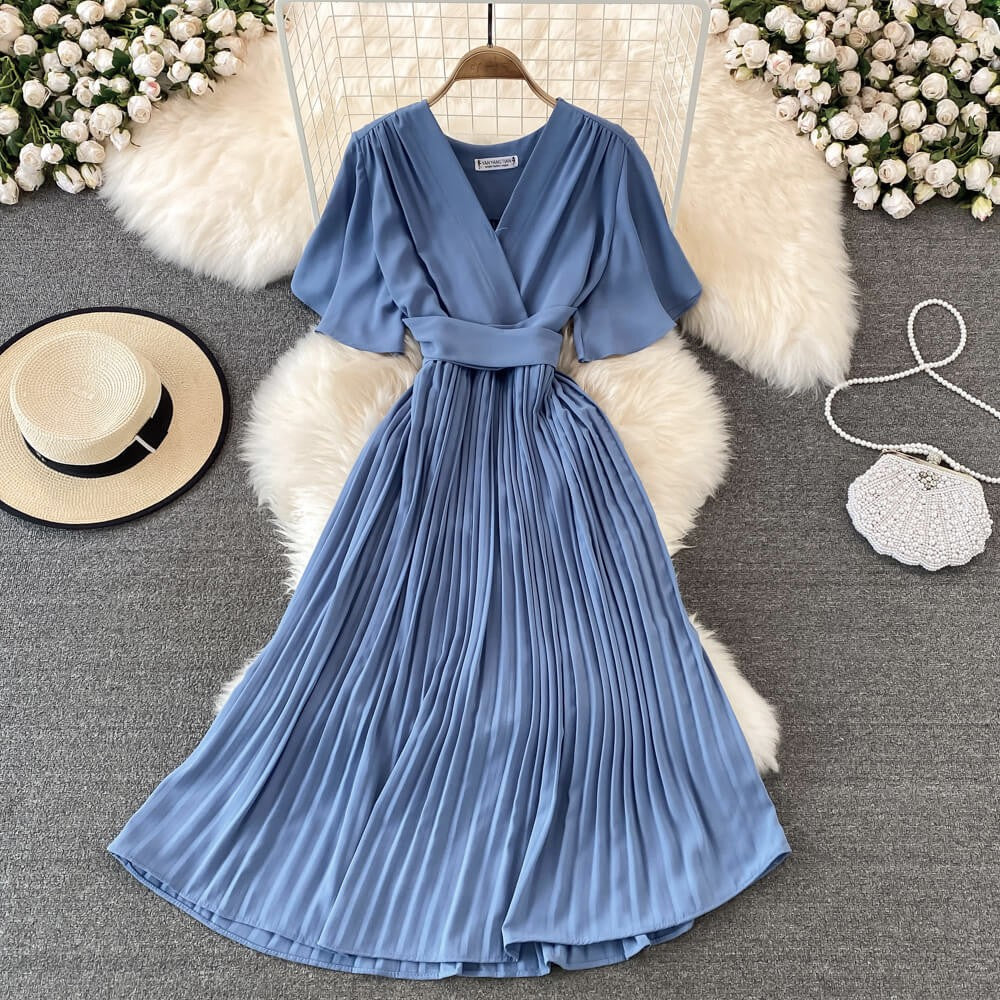 Pleated Midi Gown - Dusky Blue