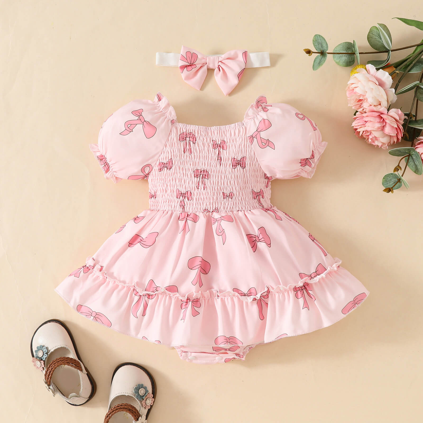 Moonpie Pinky Romper frock - Pink Bow