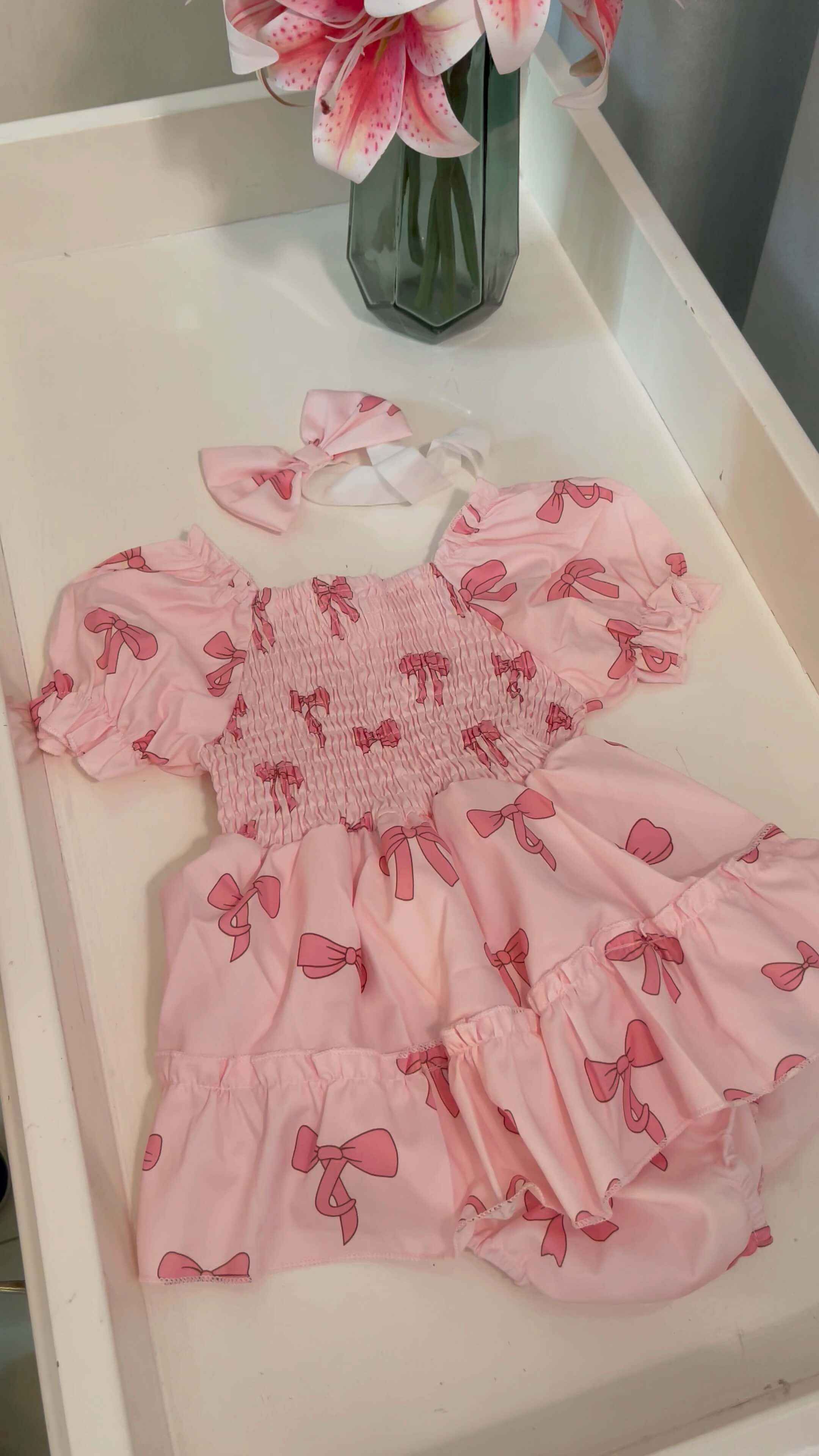 Moonpie Pinky Romper frock - Pink Bow